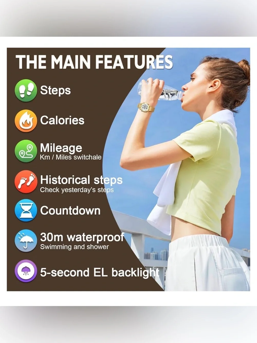 TIMEURE Digital Pedometer Watch Gold Mesh Band. Waterproof Step Counter Fitness
